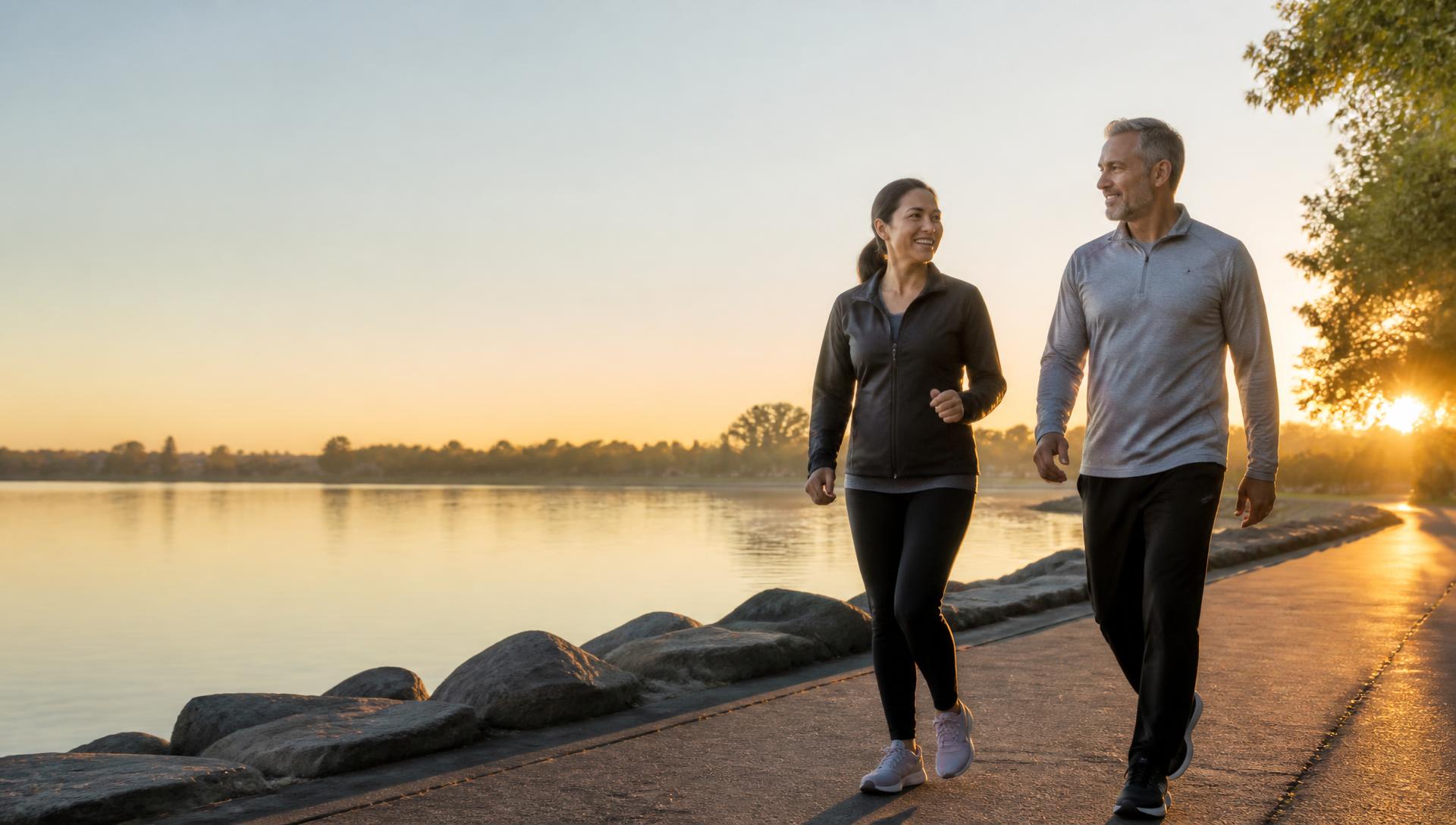A woman and man walking beside a lake at sunrise